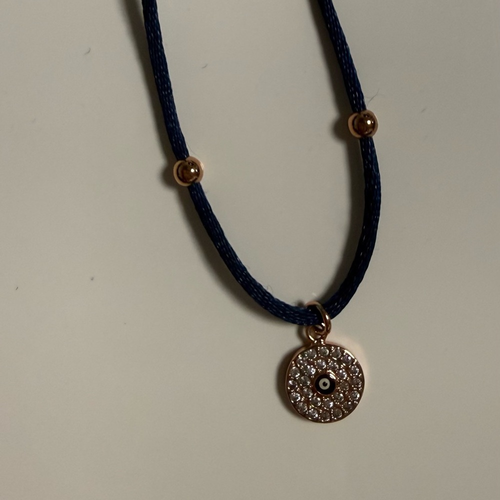 Sparkling Evil Eye Cord Necklace - Adjustable Navy Blue Silk - Picture 3 of 4